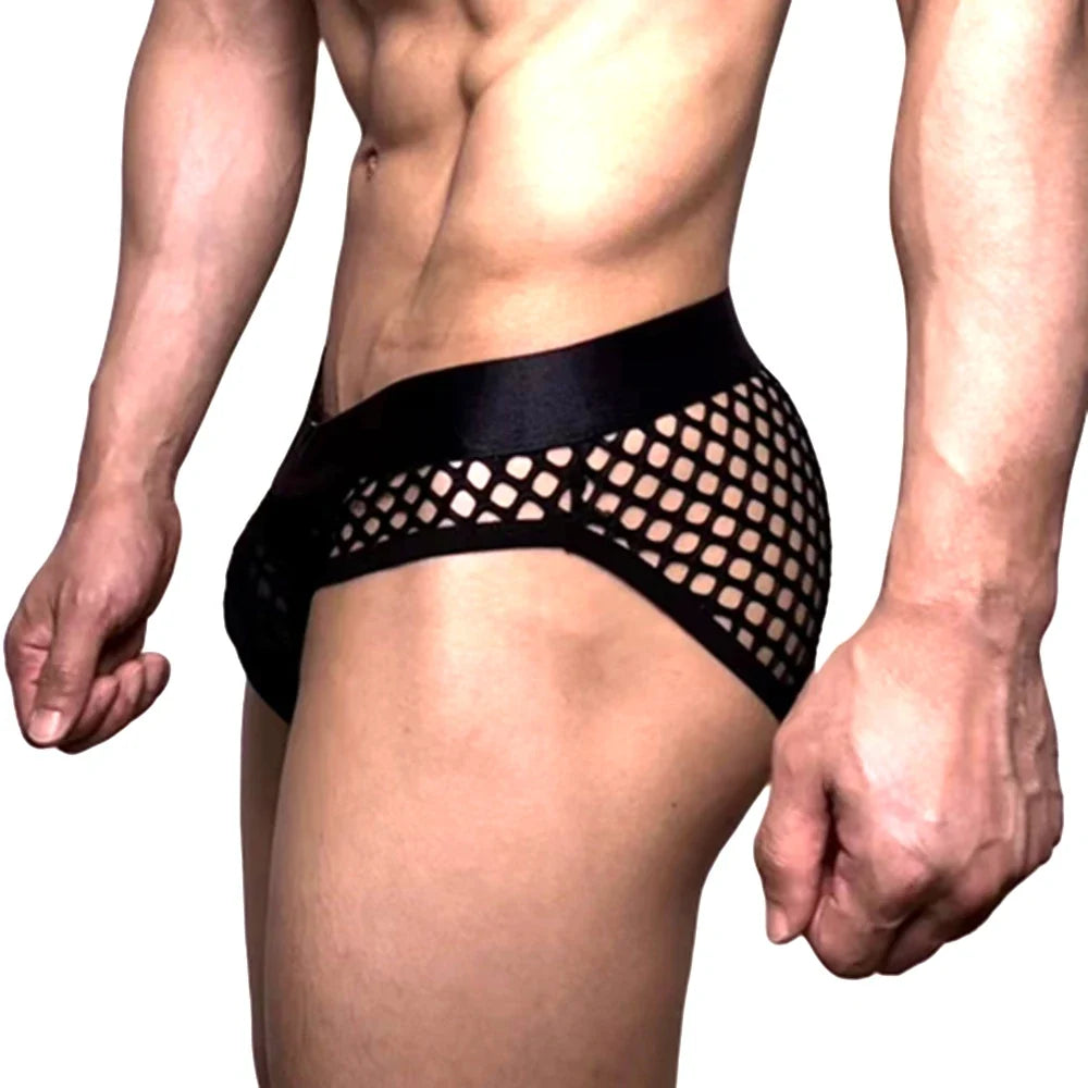 Mens Slip Bikini Jockstrap Briefs Mens Panties Sexy Fishnets Hole Transparent Mesh Ice Silk Men Underwear Sissy Men Underpants