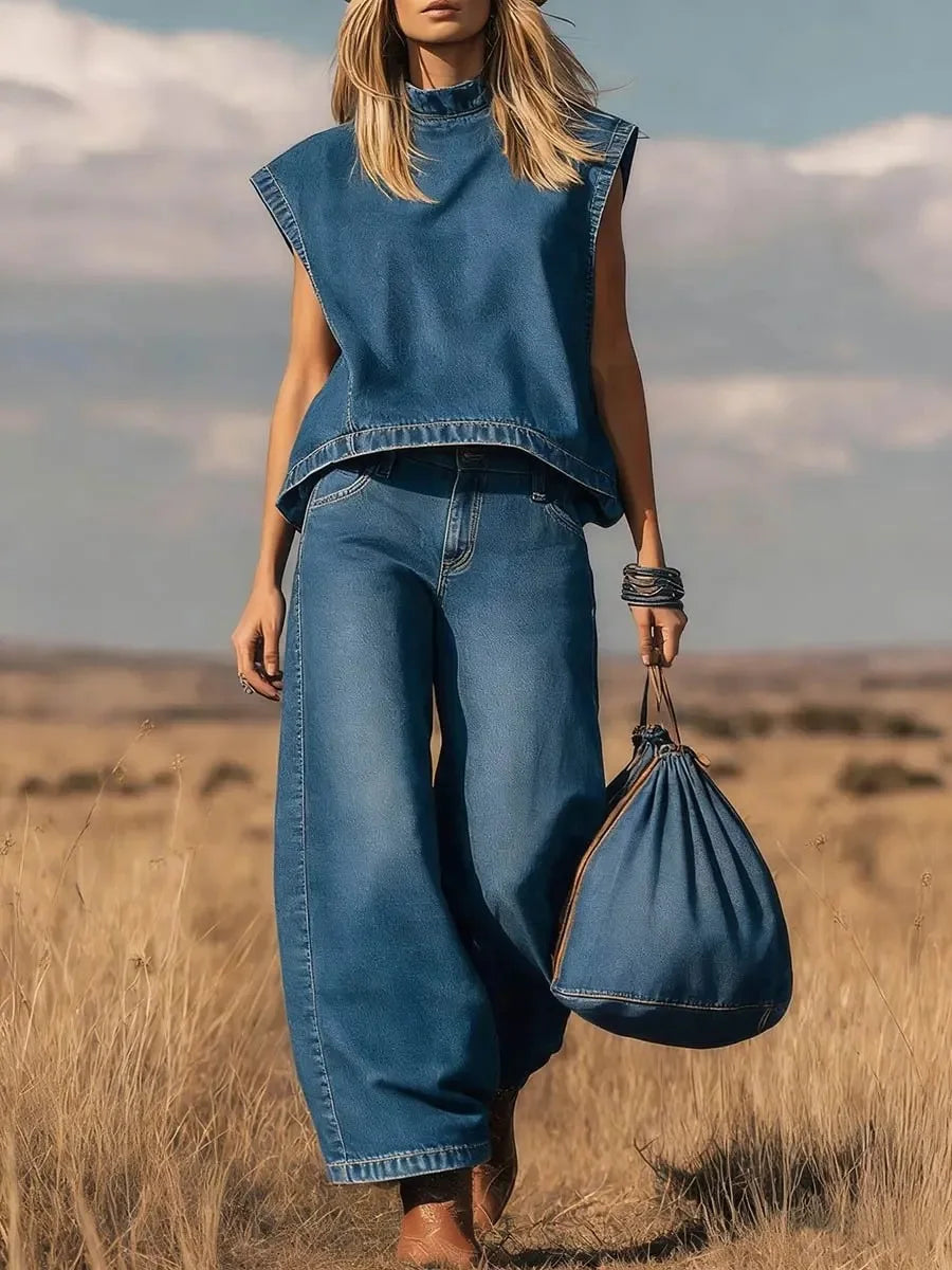 Summer Denim Outfits Female Fashion Solid Color Two Piece Set for Women Sleeveless Top & Wide Leg Pants Holiday Matching Set