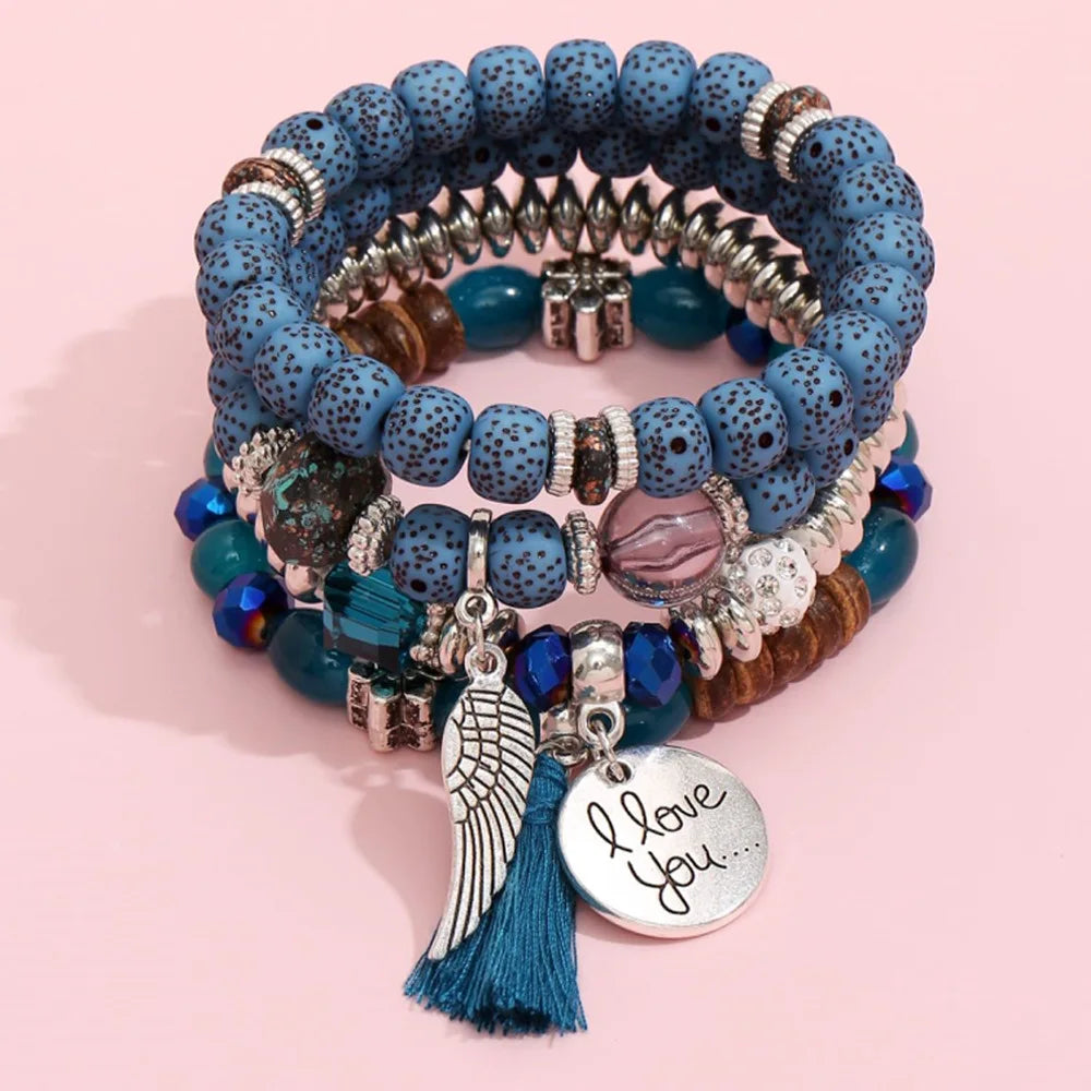 4Pcs/Set Fashion Crystal Stone Beads Chain Bracelet Set For Women I Love You Feather Tassel Charm Elastic Bangle Female Jewelry