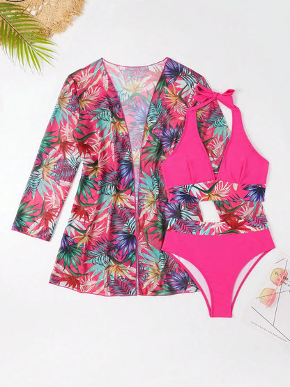 3-Piece Halter Bikini Set with Kimono Cover-Up