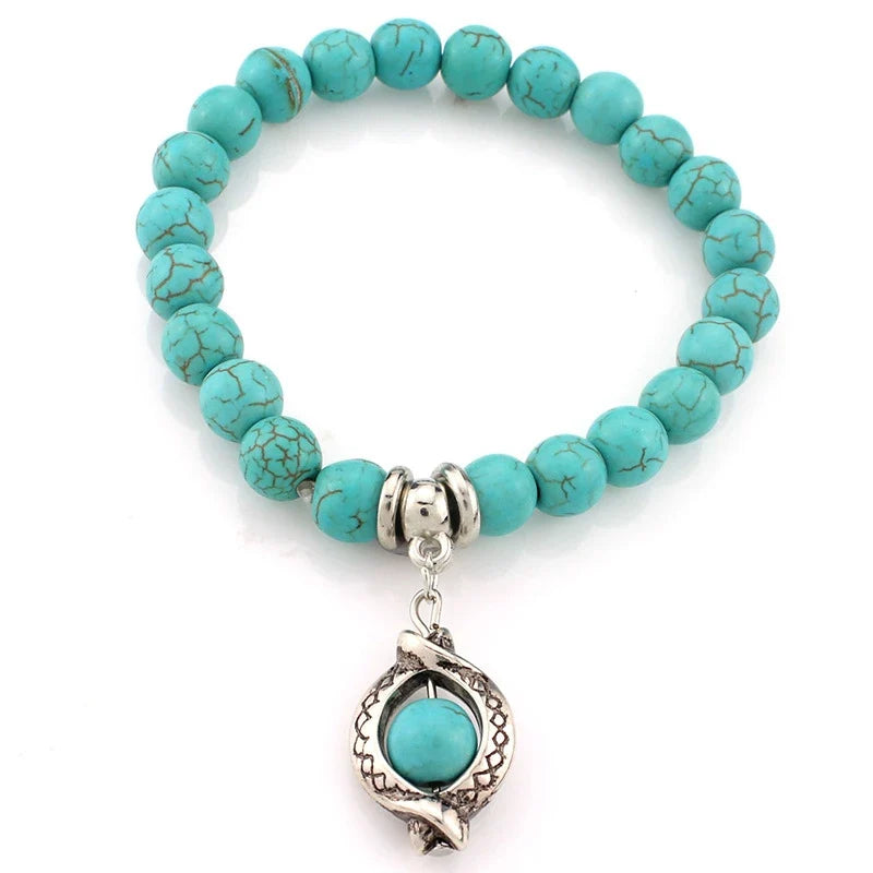 FTCY Women Bohemian Beaded Bracelet Fashion Turquoise Natural Stone Anti-Stress Yoga Geometric Pendant Elastic Cord Hand Chains