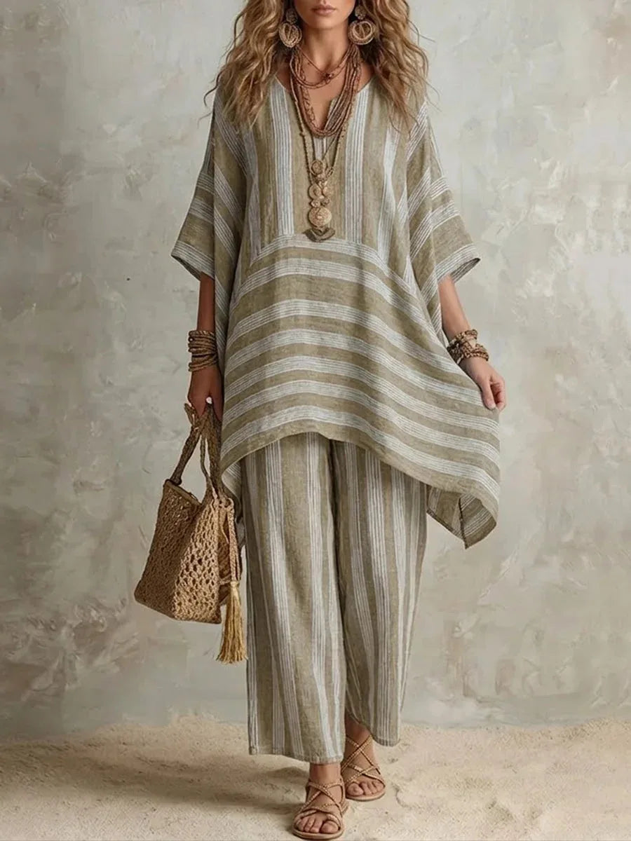 New Women's Two Piece Spring/summer Fashion V-Neck Loose Striped