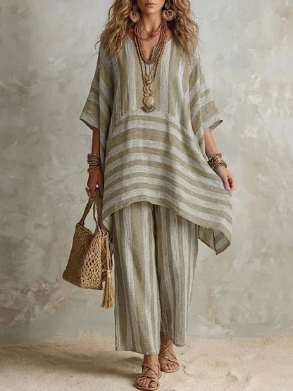New Women's Two Piece Spring/summer Fashion V-Neck Loose Striped
