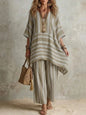 New Women's Two Piece Spring/summer Fashion V-Neck Loose Striped