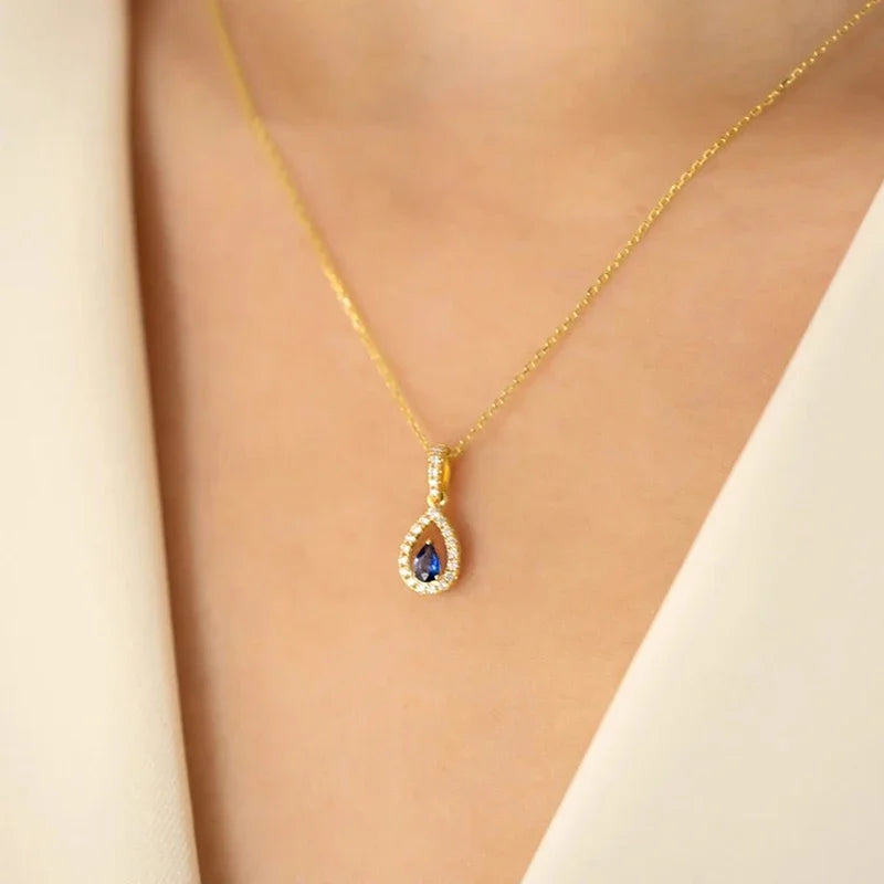 Huitan Gold Color Waterdrop Pendant with Blue Cubic Zirconia Necklace for Women Temperament Accessories Wedding Trendy Jewelry