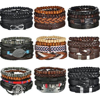New Trendy Retro 4pcs/Set Bracelets & Bangles Men's Multilayer Black Leather Jewelry Charm Pulseiras Boyfriend Wristband