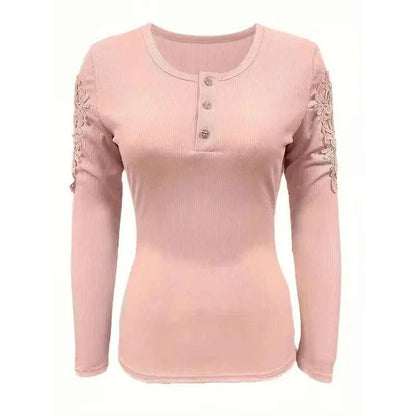 Round Neck Button Slim Fit Long Sleeve T-shirt