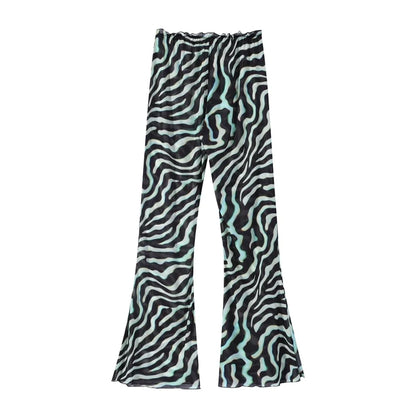 Beach Print Top Pants Women Set Sexy Sling V-Neck Long Blouse Wide Leg