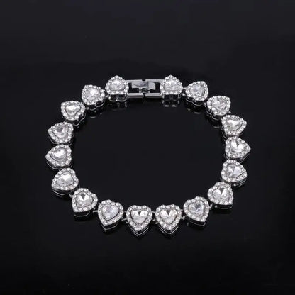 45CM New Hip Hop Tennis Chain Bracelet Necklace Shiny Heart Rhinestone