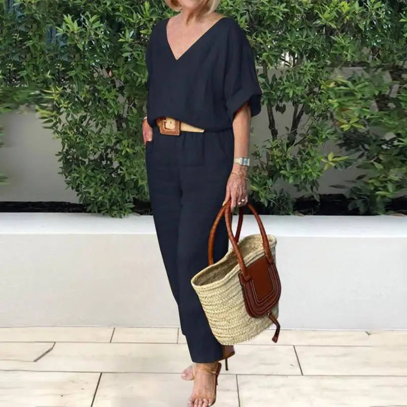 2 Piece Sets Women Outfit Women Suits Gray V-Neck Short Sleeve Tops
