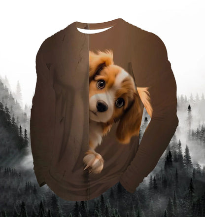 Visual Kitten Fashion Print Men's T-shirt Fashion Long Sleeve T-shirt Casual Round Neck Street Top Loose Pullover Autumn