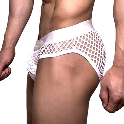 Mens Slip Bikini Jockstrap Briefs Mens Panties Sexy Fishnets Hole Transparent Mesh Ice Silk Men Underwear Sissy Men Underpants