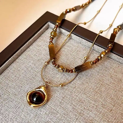 Retro Temperament Layered Tiger Eye Stone Pendant Necklace For Women Stainless Steel Double-Layer Collarbone Chain Sets Jewelry
