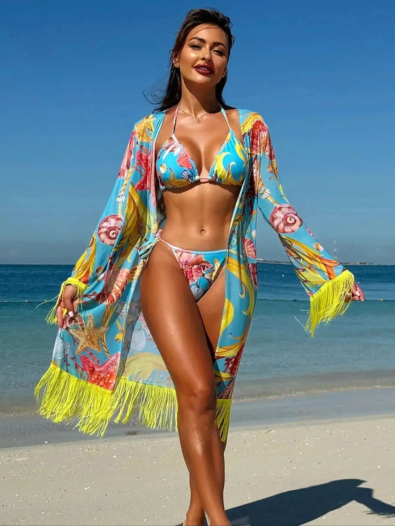 Women's Swimsuit & Beach Cover-Up Set Women's Swimsuit Set - Tassel Drape Premium Feel - 3-Piece Beach Cover-Up