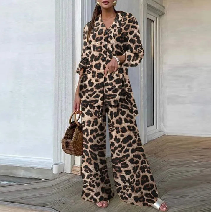 Autumn Fashion Leopard Print Women's Suit Two-Piece Retro Street Print