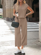 Women 2 Piece Outfit Set V Neck Button Short Sleeve T Shirt Drawstring Wide Leg Capri Pants Casual Loose Tracksuit Loungewear Va