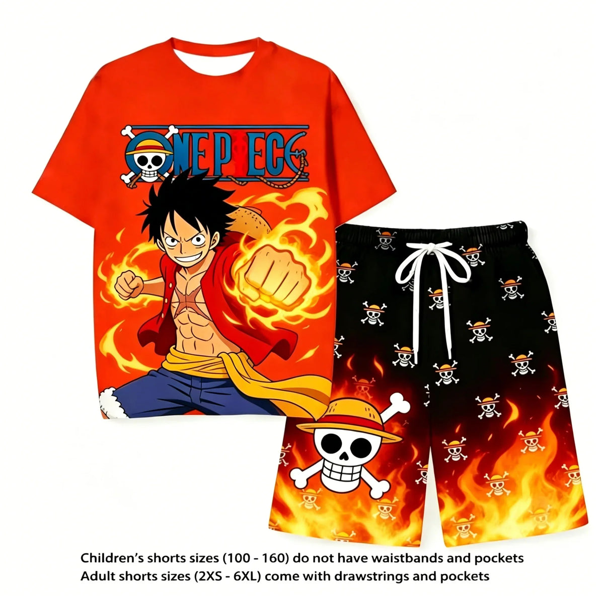 Anime One Piece Luffy Printed Short Sleeve T Shirt and Shorts Set