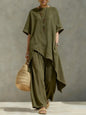 Women Cotton Linen Pant Sets 2 Pieces Casual Half Sleeve Solid Loose Irregular Blouse Elastic Waist Wide Leg Full Trousers Suits
