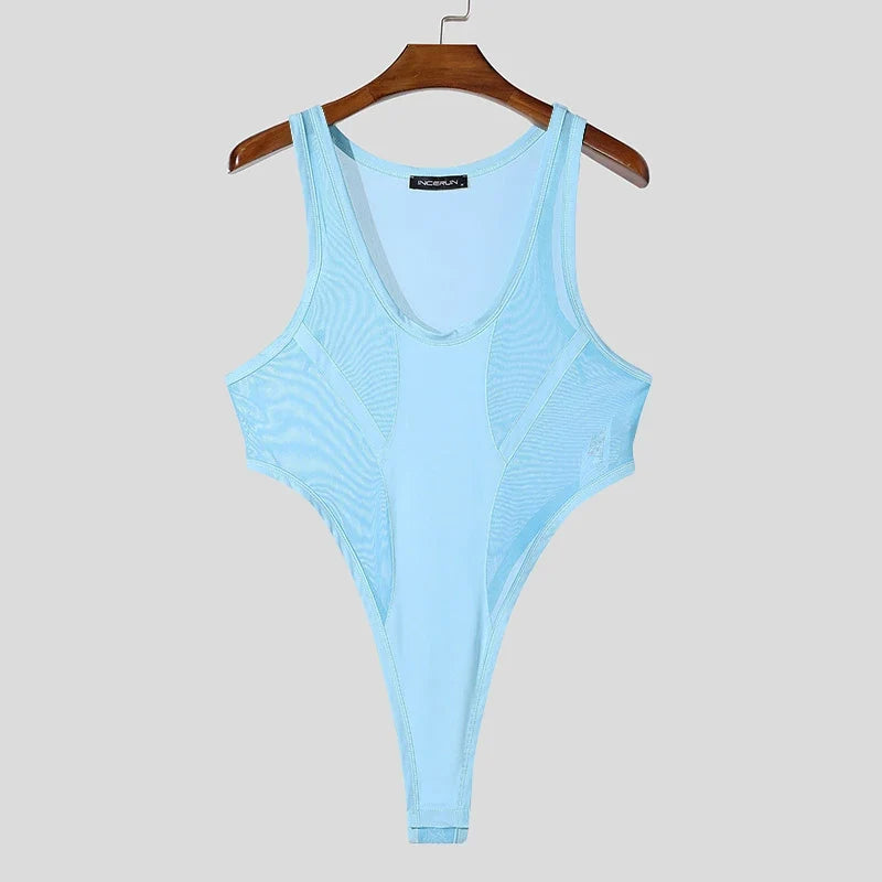 INCERUN American Style Bodysuits Fashion Mens Mesh Splicing Side High Slit Triangle Jumpsuits Sexy Homewear Sleeveless Jumpsuits
