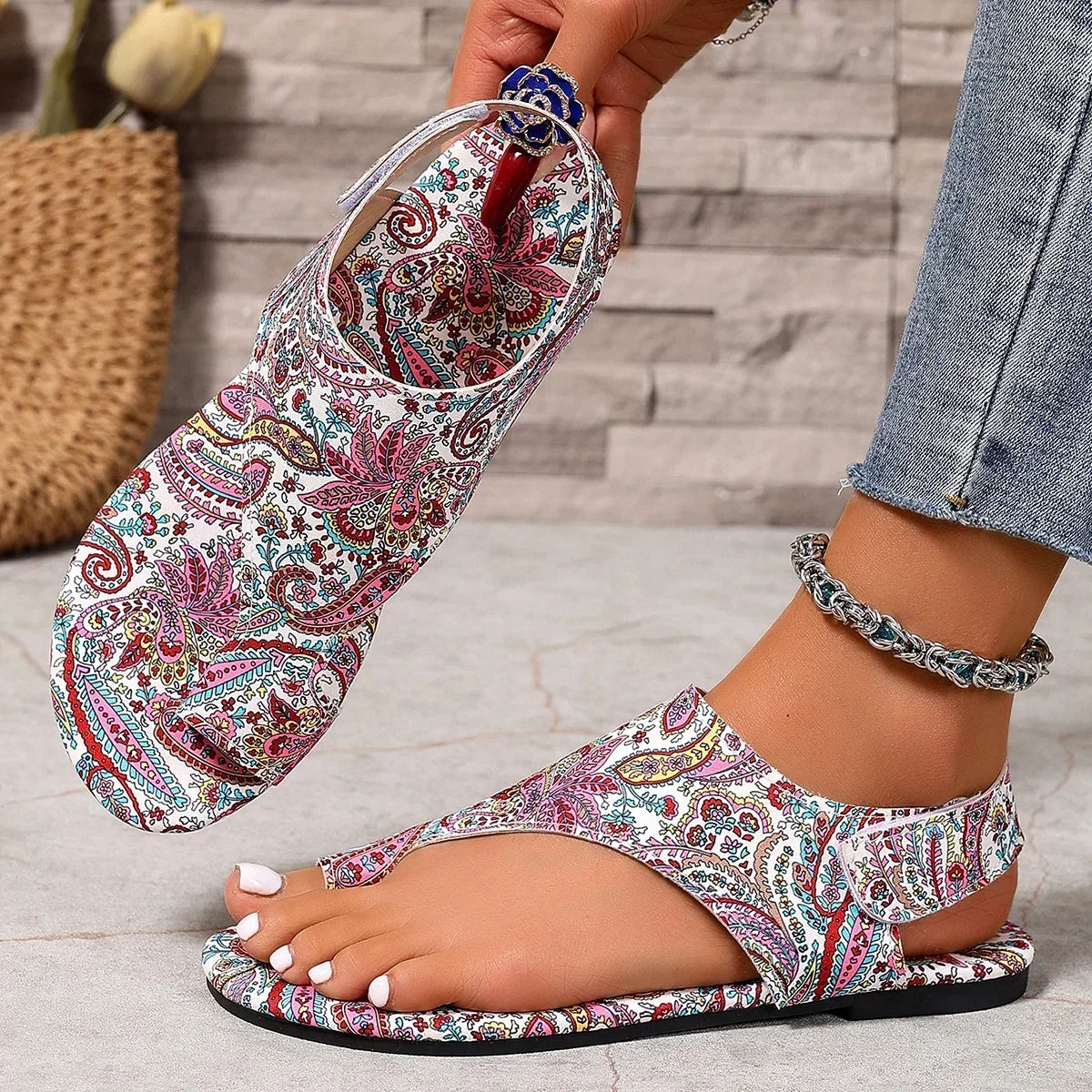Women Flat Sandals Comfortable Flats Sandals Printed Bohemia Roman