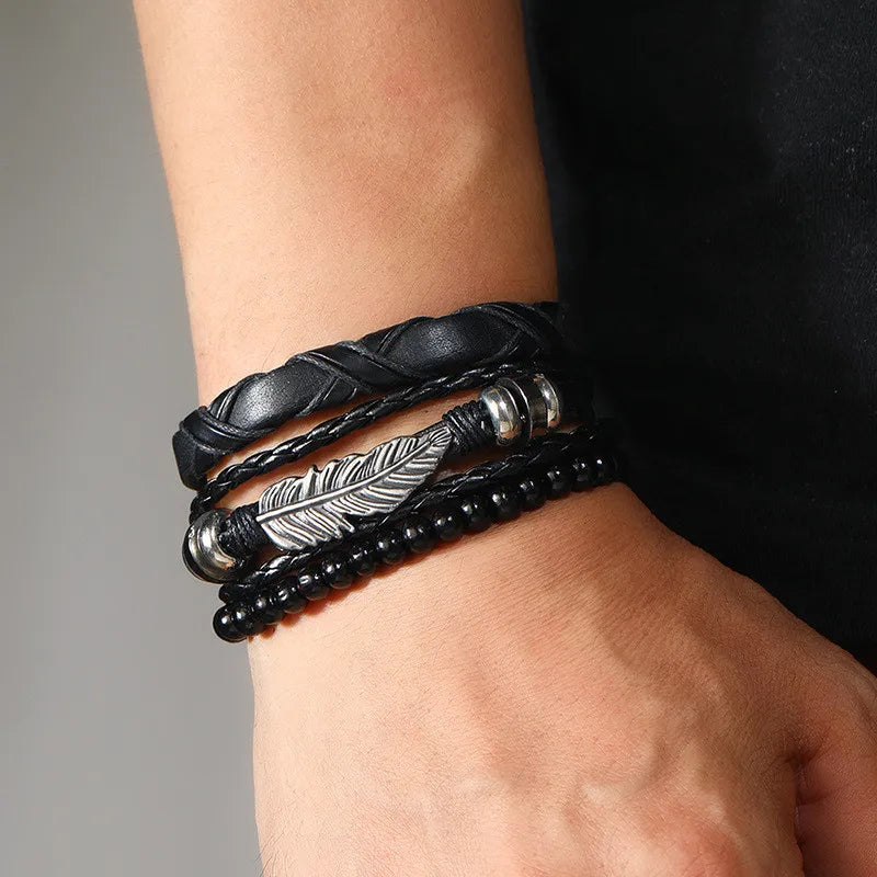 Modyle Multi-layer Gothic Leather Bracelet Set Punk Viantage Wings Charms Handwoven Bracelets for Men Jewelry Gifts