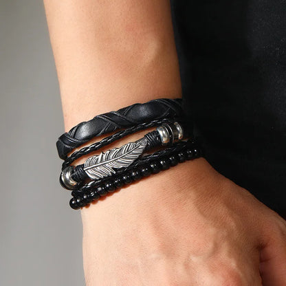 Modyle Multi-layer Gothic Leather Bracelet Set Punk Viantage Wings Charms Handwoven Bracelets for Men Jewelry Gifts