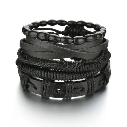 New Trendy Retro 4pcs/Set Bracelets & Bangles Men's Multilayer Black Leather Jewelry Charm Pulseiras Boyfriend Wristband