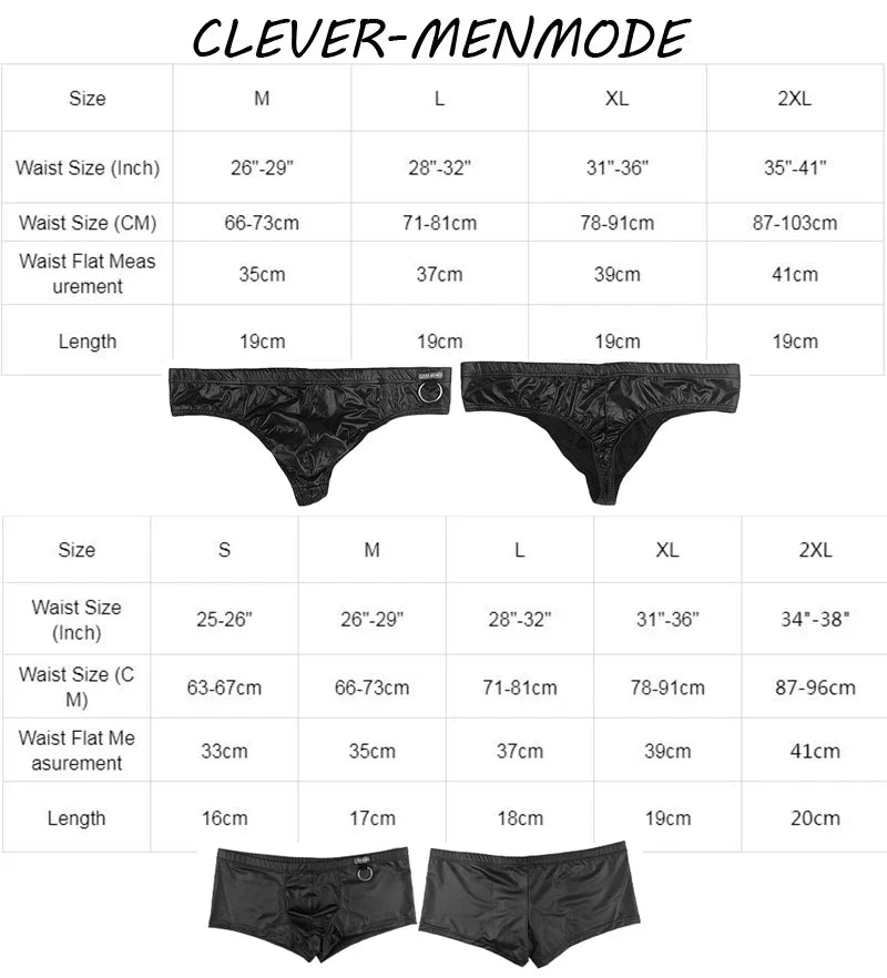 Men's Sexy Boxer Briefs Faux Leather PU Underwear Wetlook Exotic Lingerie Bulge Penis Pouch Fetish Costume BDSM Bondage Cosplay