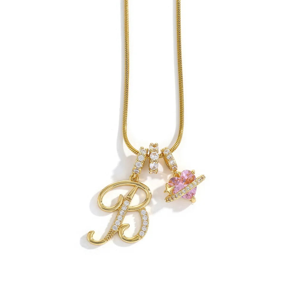 Gold Color Zircon Flower Pendant Necklace Female A-Z 26 Letter Alphabet Wedding Jewelry Gift for Women