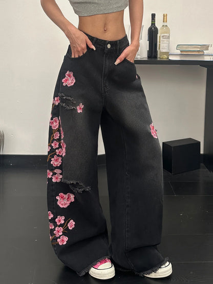 Women's European And American Style Floral Embroidered Black Loose Wide-Leg Jeans, Street Trend, Fashionable And Versatile, Soft And Comfortable High-Waisted Straight Trousers