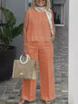 Simple Cotton Linen Women's Suits Summer Fashion Sleeveless Loose Blouse Wide Leg Pants Two Piece Set For Women Casual Outfits