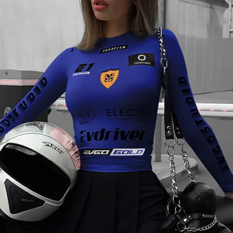 Spicy Racing Style Letter Print Long Sleeve Tee