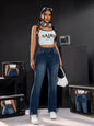 Women's High-Waisted Stretch Denim Trousers Double Button Detail Comfortable Fit Straight Leg Jeans