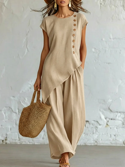 Women 2 Piece Set Elastic Waist Pocket Button Decorate Wide Leg
