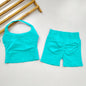VEQKING Seamless 2pcs Women Yoga Sets Open Back Longline Sports Halter Bras Running Tank Tops Scrunch Butt Gym Workourt Shorts