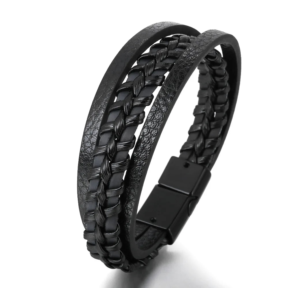 Trendy  Leather Bracelets Men Stainless Steel Multilayer Braided Rope Bracelets For Male Bracelets Jewelry Pulsera Hombre