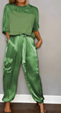 Elegant Satin Two Piece Set Women Outfits Spring Summer Casual Solid O Neck Shirt Long Pants Tracksuit Fashion Female Loose Suit