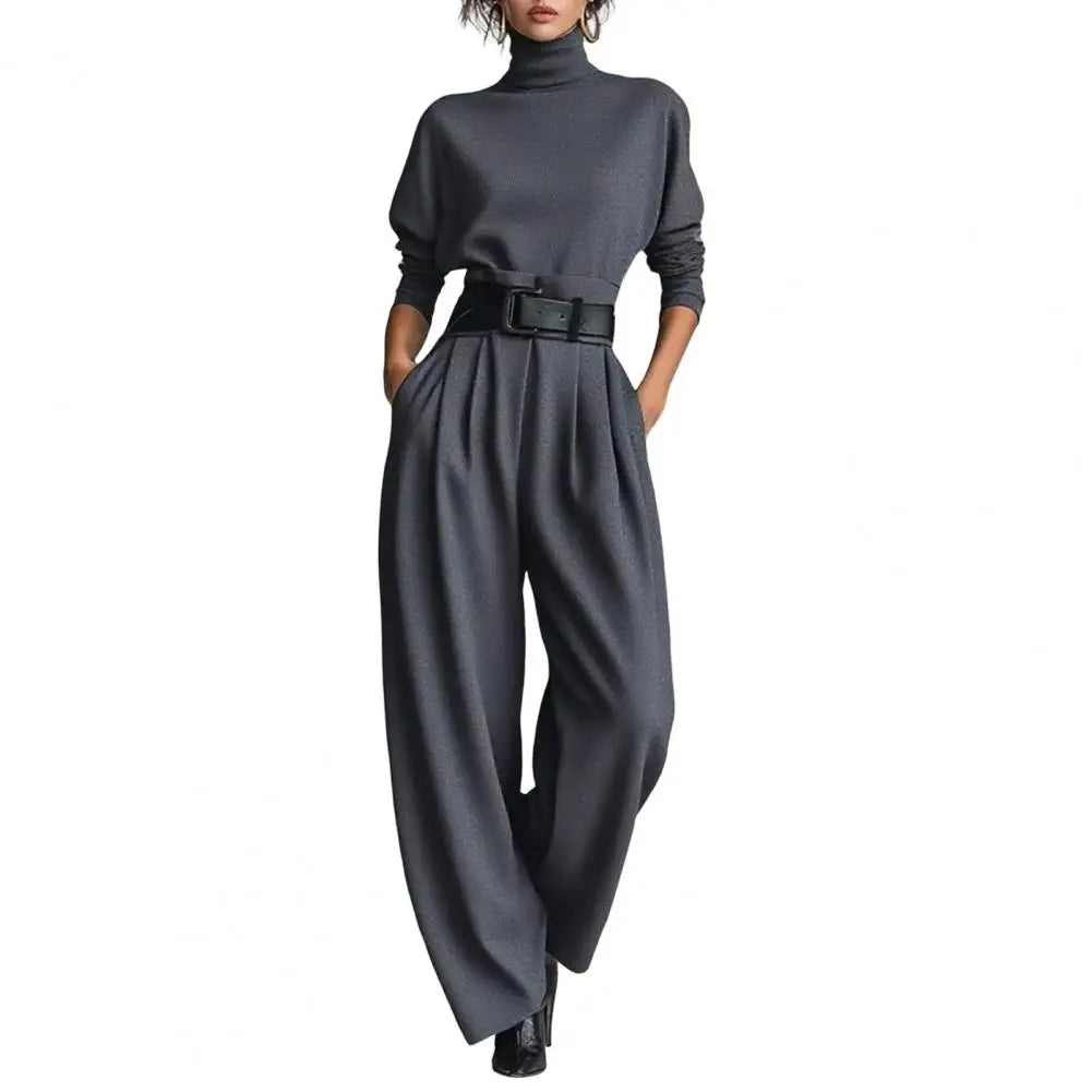 2 Piece Set Women's High-Neck Turtleneck Long Sleeve High-Waist Belted