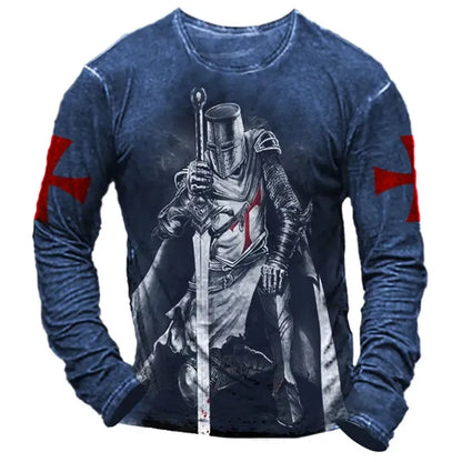 Templar Knight  Print Retro Fashion Casual Men's Round Neck Long Sleeve Street Hip Hop Extra Large Speed Drying Wearing T-shirt