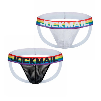2pcs/Lot Men Underwear Jockstrap Thong Nylon Mesh Rainbow Sexy Sissy Panties Tangas De Homrbre Cueca Gay Underwear Breathable