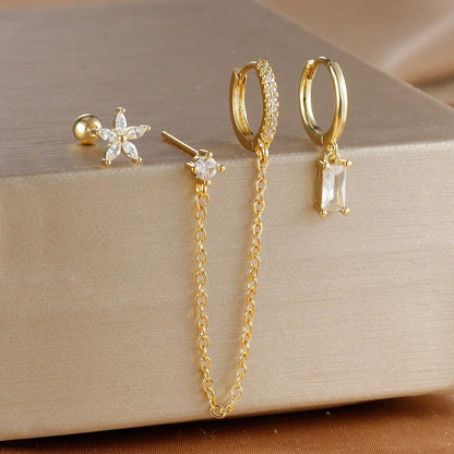 3PCS Set Stainless Steel Crystal CZ Butterfly Ear Stud Earring Gold