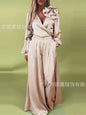 Fashion Solid Color Satin Long Sleeve Shirt Women 2 Piece Spring Autumn New Casual Loose Wide Leg Pants Pocket Female Office Set