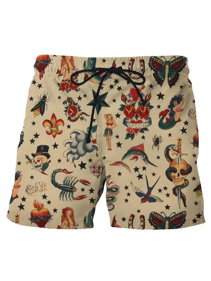 Summer New Men's Shorts Swimming Pants Drawstring Retro Fashion Print Holiday Beach Holiday Hawaiian Micro Elastic Shorts