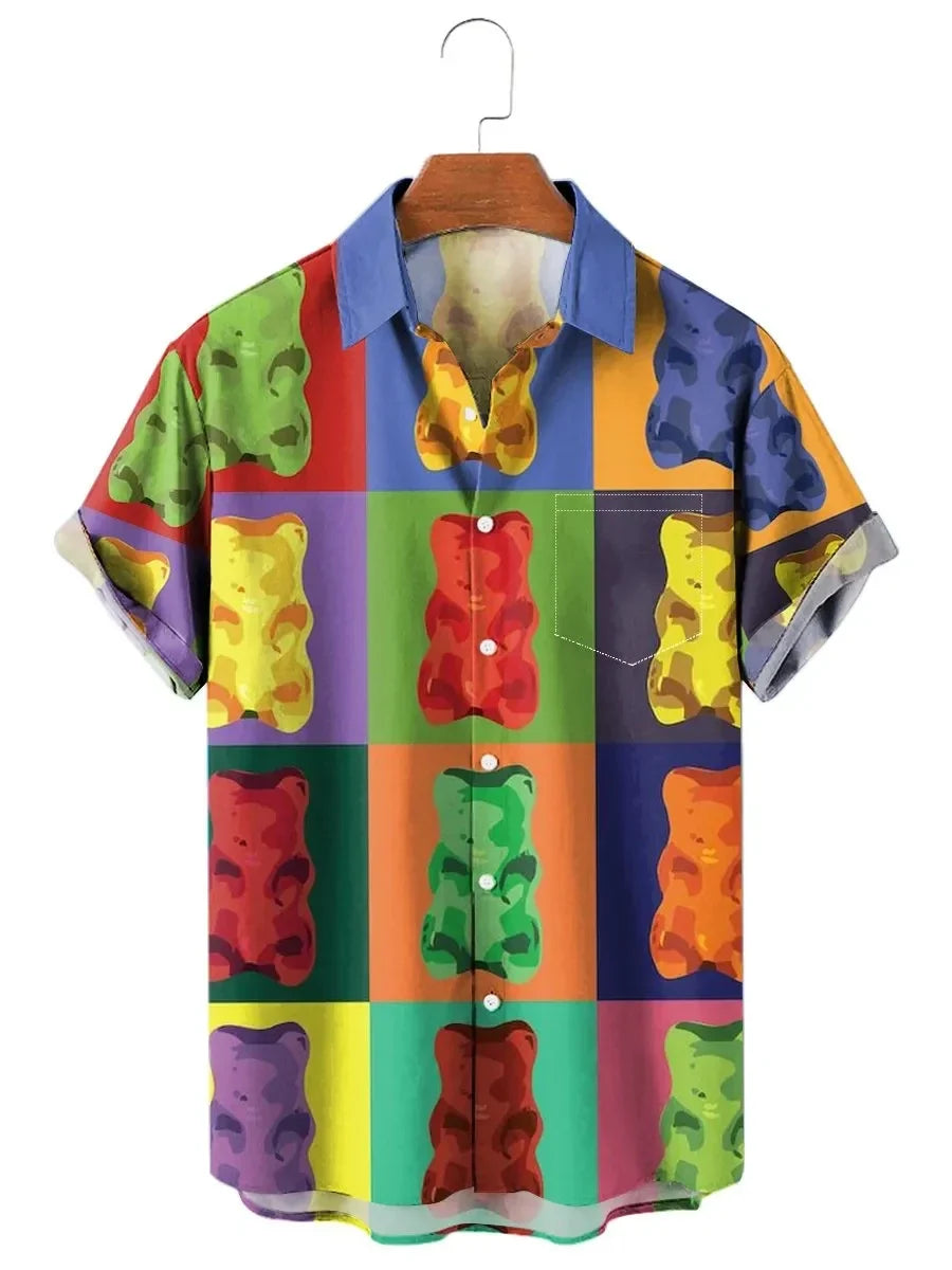 Men's street fashion summer daily shirt men's lapel Hawaiian bear gummie print casual loose shirt short sleeved beach loose top