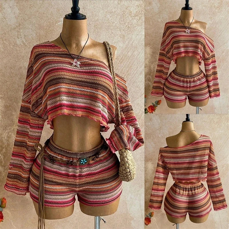 Boho Asymmetrical Off Shoulder Striped Knit Two Piece Set Women Long