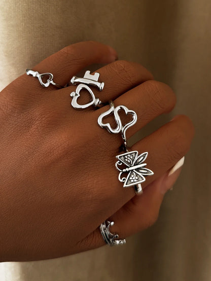 Heart Butterfly Ring Set Crown Heart-Shaped Designs Stackable Vintage Jewelry for Women, Boho Punk Fashion Accessory