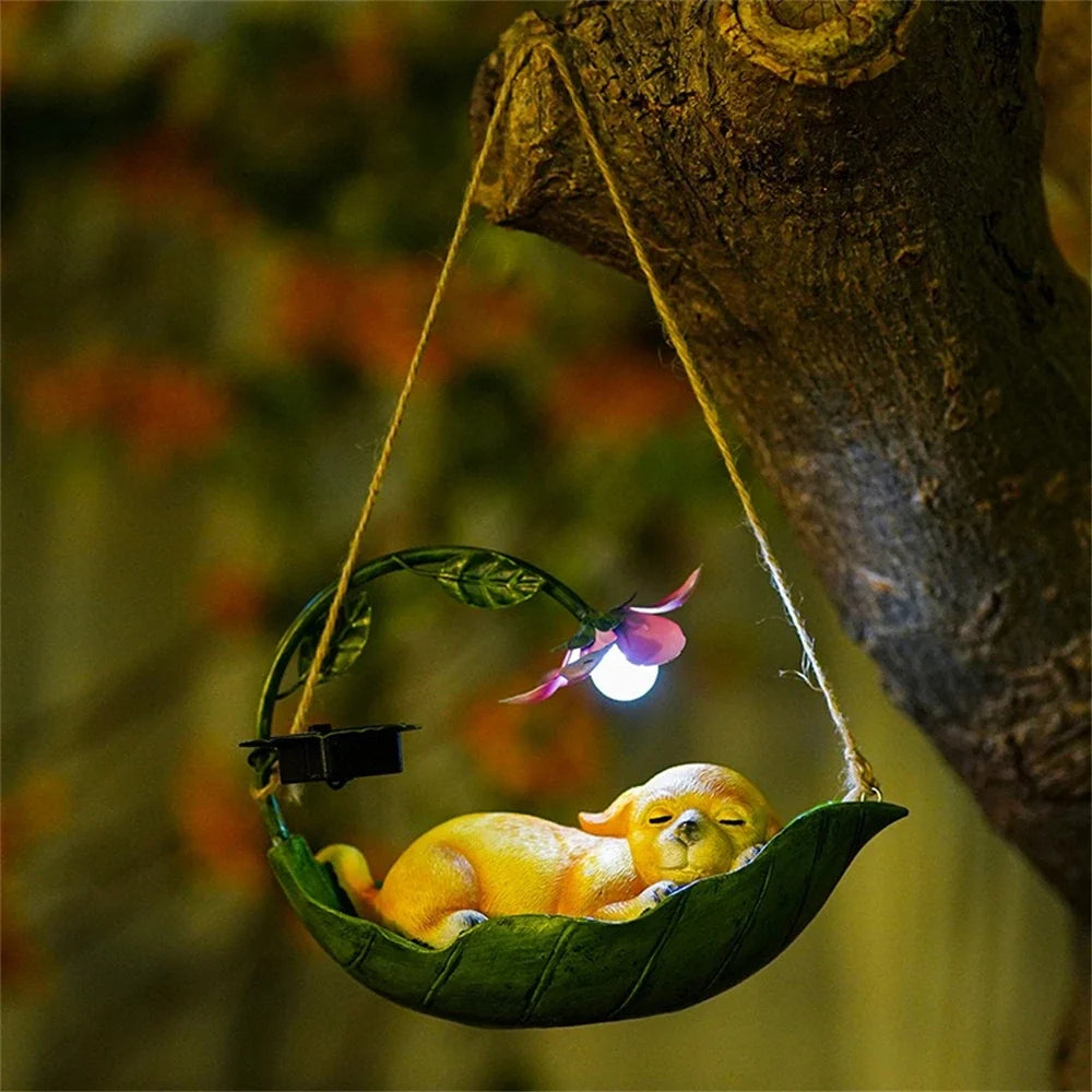 New Swinging Resin Cat Craft Garden Solar Animal Squirrel Statue Ornament Light Tree Hanging Garden Resin Decoration