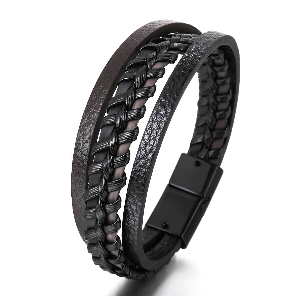 Trendy  Leather Bracelets Men Stainless Steel Multilayer Braided Rope Bracelets For Male Bracelets Jewelry Pulsera Hombre