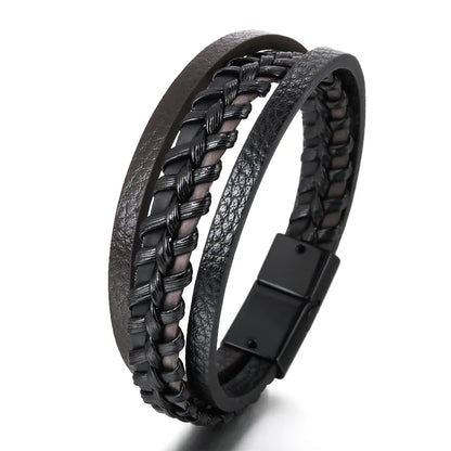 Trendy  Leather Bracelets Men Stainless Steel Multilayer Braided Rope Bracelets For Male Bracelets Jewelry Pulsera Hombre