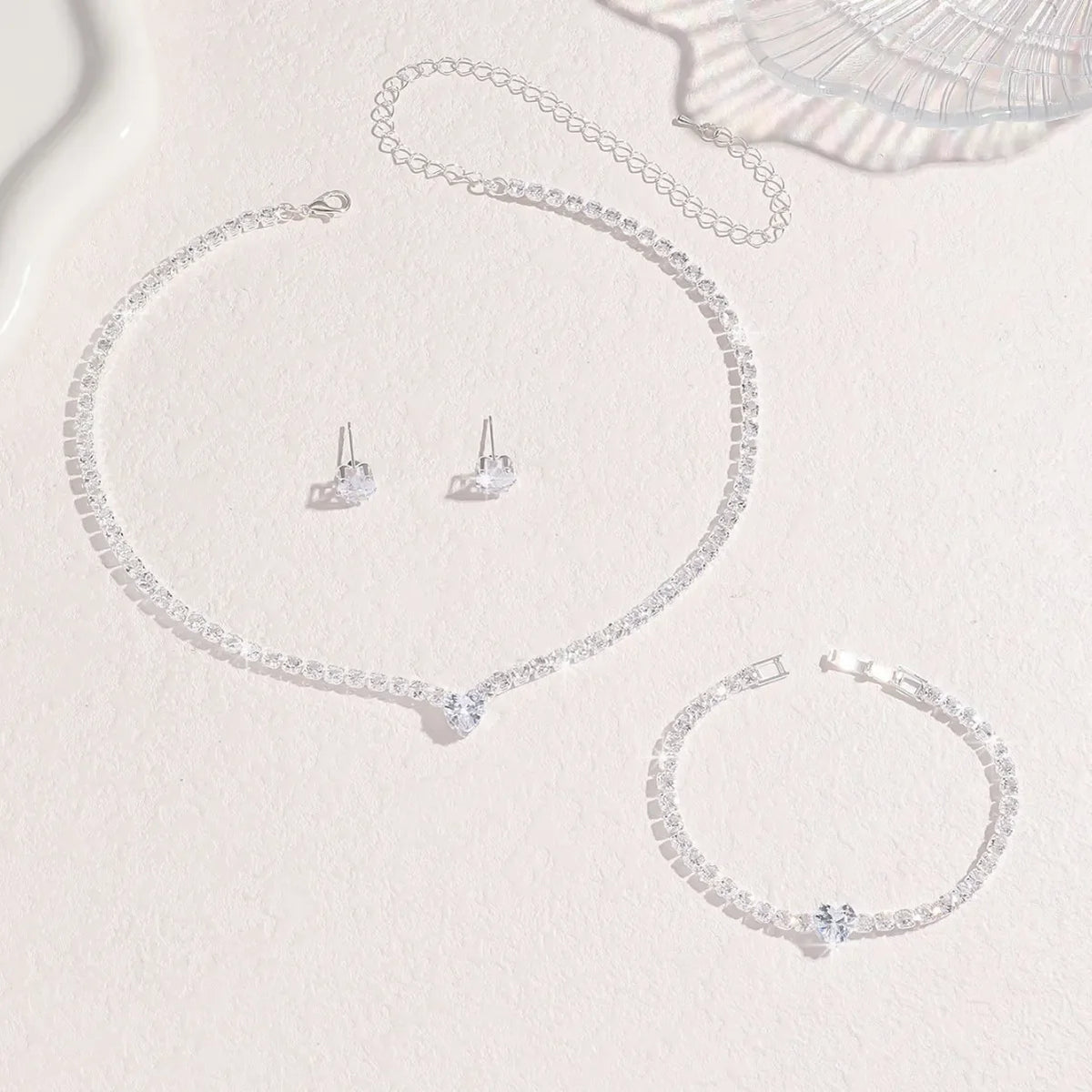 Ladies' Fashion, Heart-Shaped Crystal Zircon Earrings, Necklace Set, Bride'S Wedding Dress, Jewelry And Accessories